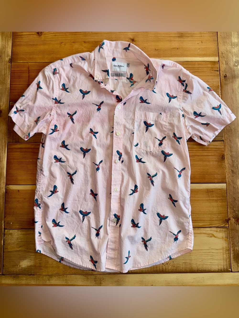 Goodfellow & Co Light Pink Short-Sleeve Button-Down with Blue & Red Bird Print